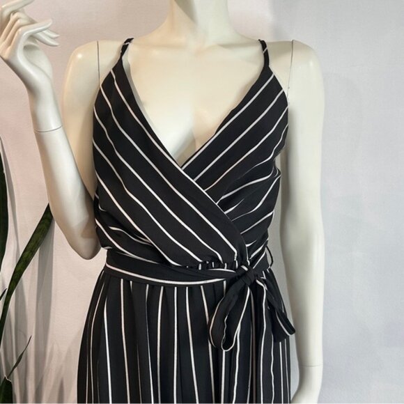 Black  White Crepe Wrap Front Wide Leg Jumpsuit - Picture 2 of 11